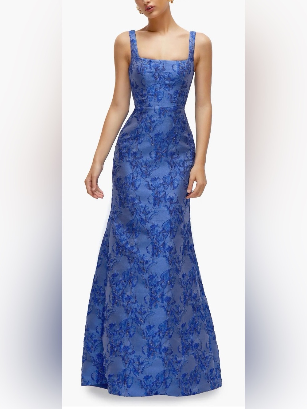 NEW Dessy Collection Metallic Cobalt Blue Jacquard Trumpet Gown Sz 2